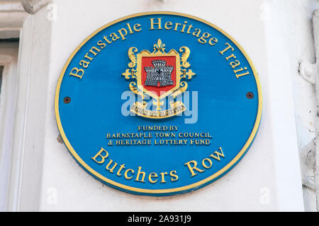 Devon, UK - August 1st 2019: A blue plaque marking the location of the historic Butchers Row in the town of Barnstaple in Devon, UK. Stock Photo