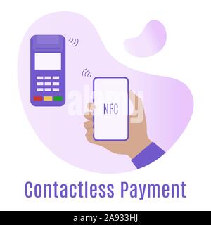 Vector illustration Hand of customer using terminal for wireless or contactless payment with smartphone. Contactless payment concept. Accept payment b Stock Vector