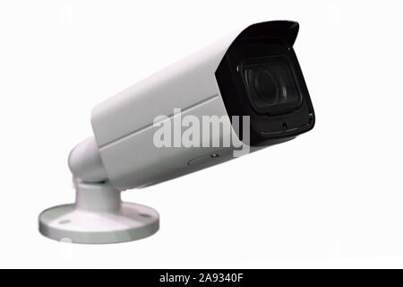 CCTV camera on white background. Selective focus.Isolated. Side view. Stock Photo