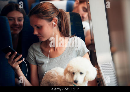 Smiling woman using phone in train Stock Photo