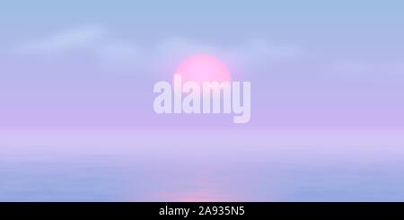 Sun over the sea with sun road and vaporwave 90s styled blue and pink colors Stock Vector