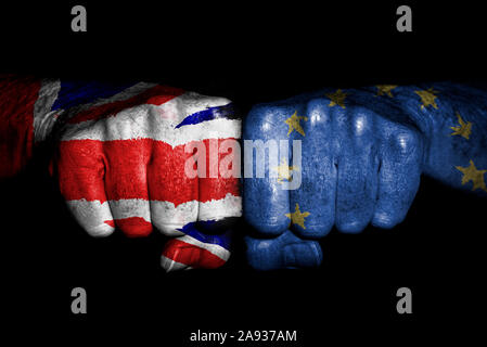 clenched fists with union jack and european union flags painted on fists, brexit. Stock Photo