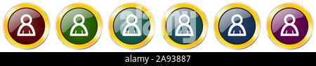 Person glossy icon set, silver metallic golden vector illustrations in 6 options for web design and mobile applications Stock Vector