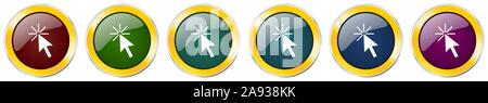 Click here glossy icon set, silver metallic golden vector illustrations in 6 options for web design and mobile applications Stock Vector