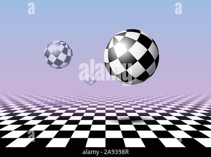 Black and white balls flying over checkered floor with pink and blue gradient background in vaporwave aesthetic Stock Vector