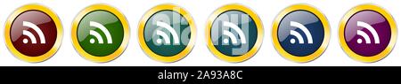 Rss glossy icon set, silver metallic golden vector illustrations in 6 options for web design and mobile applications Stock Vector