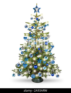 real natural nordmann xmas christmas tree with petrol blue turquoise silver and wooden decoration. bauble star heart and bright led lights isolated on Stock Photo