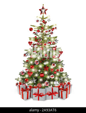 natural nordmann christmas tree, decorated with silver red wooden baubles stars hearts and led lights. Stack of christmas gift presents under it isola Stock Photo