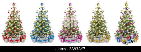 Set collection of natural nordmann christmas tree, decorated with silver red blue gold pink and silver wooden baubles stars hearts and led lights. Sta Stock Photo
