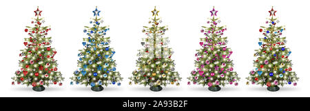 Set collection of natural nordmann christmas tree, decorated with silver red blue gold pink and silver wooden baubles stars hearts and led lights isol Stock Photo