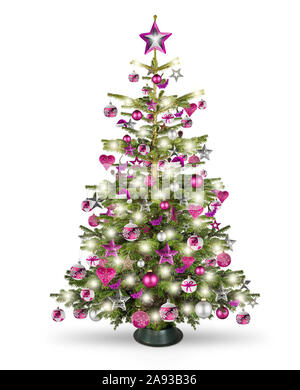 real natural nordmann xmas christmas tree with pink purple red silver and wooden decoration. bauble star heart and bright led lights isolated on white Stock Photo