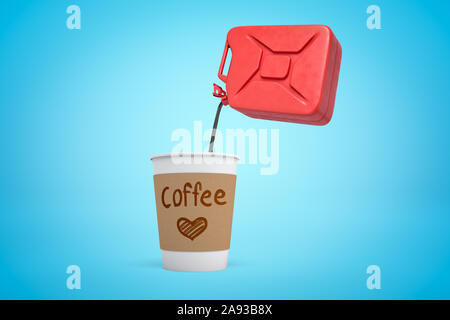 3d rendering of red gasoline can with black liquid pouring into paper coffee cup on blue background Stock Photo