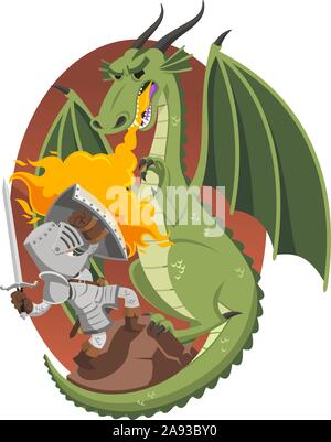 Fantasy battle fight of hero knight and dragon vector illustration. Cartoon heroic  knight warrior character in armor fighting with spear fire breathing  dragon, rock mountain fairy landscape background Stock Vector