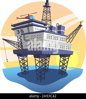 Oil Platform floating over the sea with helicopter, vector illustration cartoon. Stock Vector