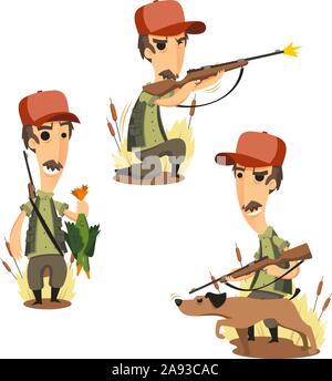 Duck Hunter with Retrieving Dog cartoon set Stock Vector