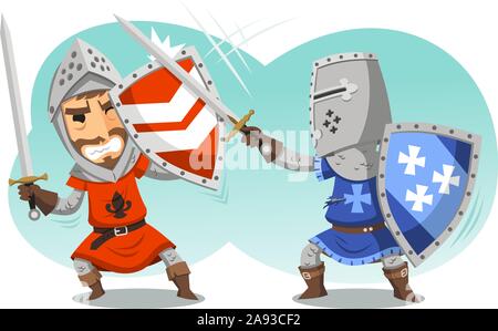 Fighting Knights With Swords Shield Helmet Army Uniform, vector illustration cartoon. Stock Vector