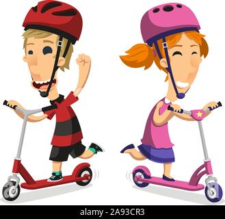 Little boy and girl riding scooter cartoon Stock Vector