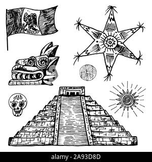 Mexico set in vintage style. Traditional national elements: pyramid and star, flag and dragon. Engraved hand drawn sketch. Stock Vector