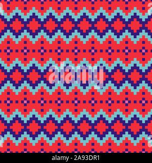 Geometric seamless red blue chevron pattern pixel blocks shapes texture. Stock Vector