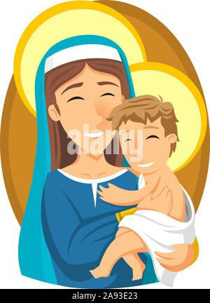 Virgin Mary and baby Jesus cartoon illustration Stock Vector