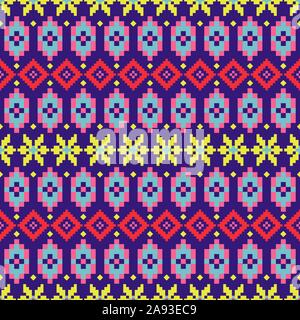 Geometric folk seamless pattern colorful pixelated shapes texture. Stock Vector