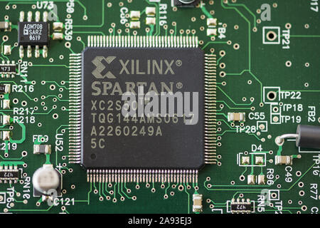 TIMISOARA, ROMANIA - MARCH 30, 2019: Close-up of a Xilinx Spartan microprocessor Stock Photo