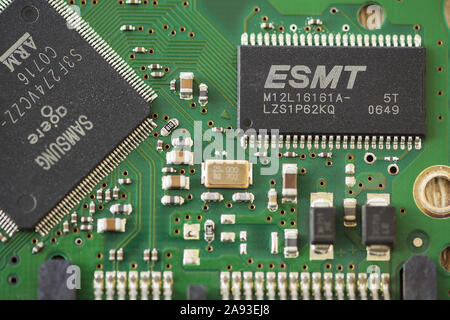 TIMISOARA, ROMANIA - MARCH 30, 2019: Close-up of a ESMT SDRAM microprocessor Stock Photo