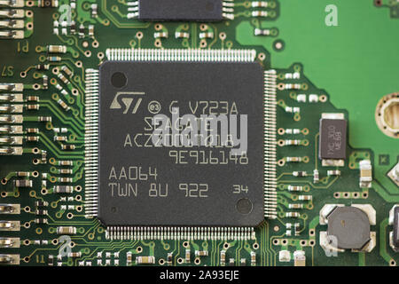 TIMISOARA, ROMANIA - MARCH 30, 2019: Close-up of a Seagate microprocessor. Micro controller. Stock Photo