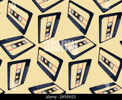Compact cassette seamless pattern with floating or flying tape in perspective view Stock Vector