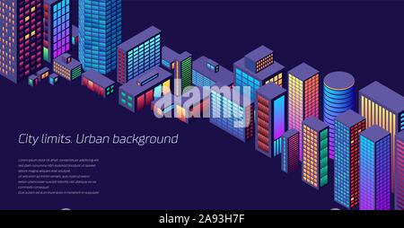 Background with city view with isometric perspective and vibrant neon colors Stock Vector