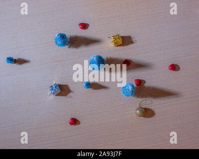 Colorful Christmas decorations on the wooden table Stock Photo