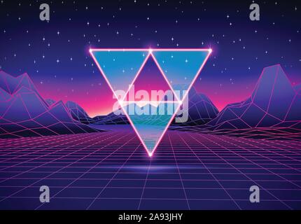 Retro futuristic landscape with triangles and shiny grid Stock Vector