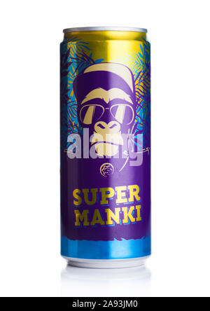 LONDON, UK - NOVEMBER 08, 2019: Aluminium can of Super Manki soda drink with energy drink taste on white. Stock Photo
