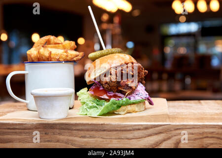 Chicken burger with fries Stock Photo