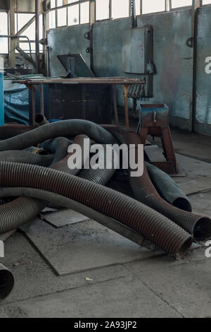 old metal corrugated pipes for ventilation Stock Photo