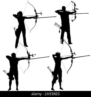 Silhouette set attractive male and female archer bending a bow and aiming in the target. Stock Photo