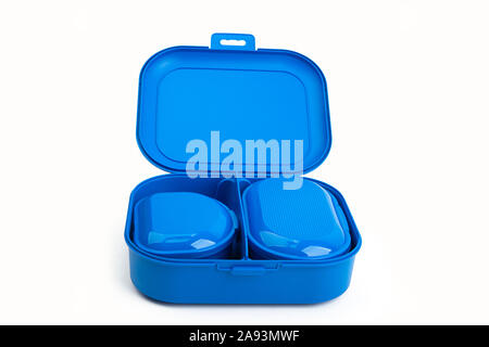 Blue Plastic Boxes isolated on white background Stock Photo
