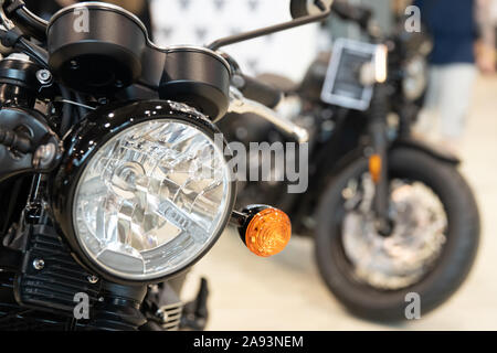 black motorbike in salon ready for fast motorway ride Stock Photo