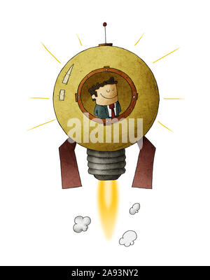 Businessman travels through space inside a rocket shaped like a light bulb. concept of entrepreneurship and creativity. isolated Stock Photo
