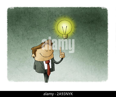illustration of a man who has a lit bulb above his head. Creativity concept