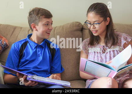 Teenage girl who has Learning Disability studying with her brother Stock Photo