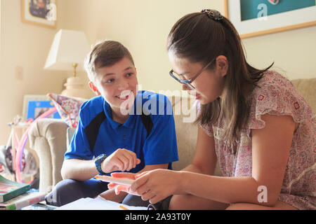 Teenage girl who has Learning Disability studying with her brother Stock Photo