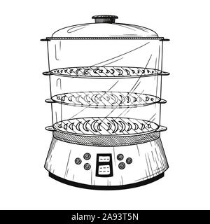 Realistic double boiler isolated on white background. Vector illustration in sketch style. Stock Vector