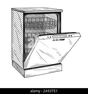 Dishwasher isolated on white background. Vector illustration of a sketch style. Stock Vector