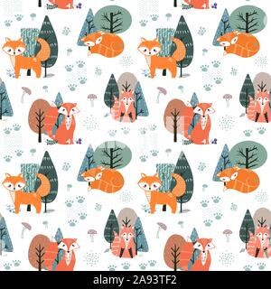 Seamless pattern with foxes and different elements. Illustration hand drawn in scandinavian style. Stock Vector
