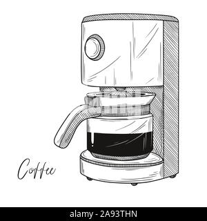 Sketch of coffee maker isolated on white background. Vector illustration in sketch style. Stock Vector