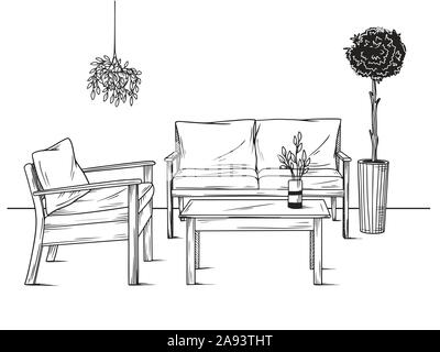 Set of furniture for the garden. Armchairs, sofa and table among the plants. Vector illustrations in sketch style Stock Vector