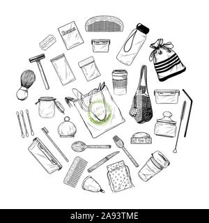 Large set of different environmental items. Zero waste. Vector illustration Stock Vector