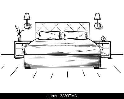Hand drawn sketch. Linear sketch of an interior. Sketch Line bedrooms. Vector illustration. Room plan. Stock Vector