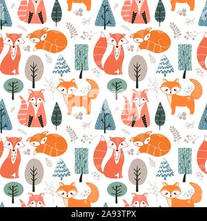 Seamless pattern with foxes and different elements. Illustration hand drawn in scandinavian style. Stock Vector